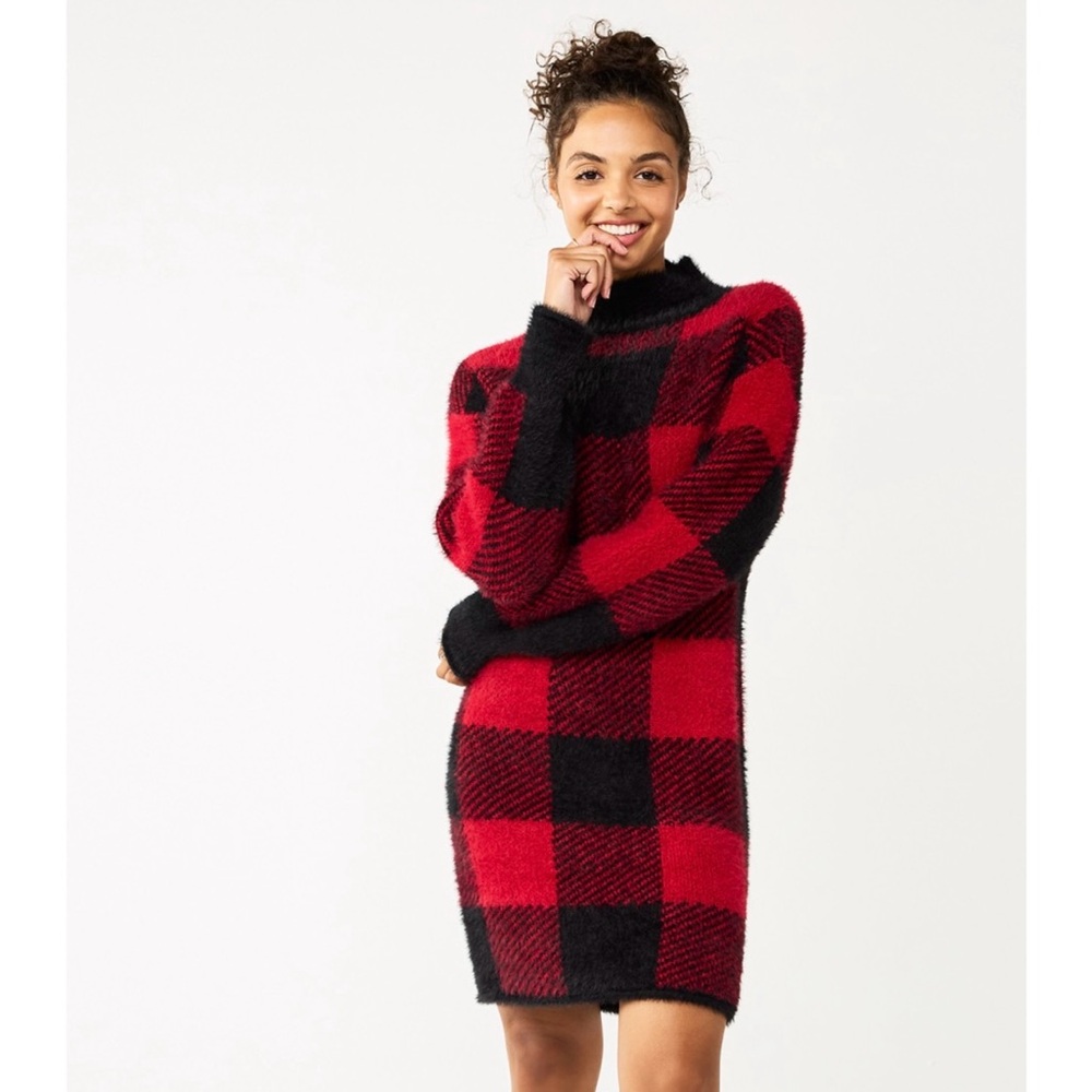 NWT SO Mockneck Sweater Dress Red Black Plaid Juniors Size L